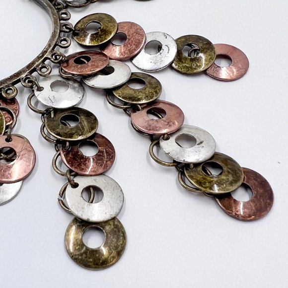 BOHO Vibes Tri-Colored Disk Dangle Brass Tone 14” Chain Choker Necklace - Picture 5 of 8